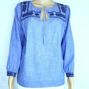J Crew Floral Nature Embroidered Chambray Blue Top